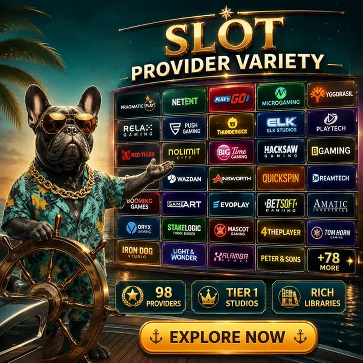 BaxterBet Casino kapitein toont diverse gokkasten van 98 top-tier providers