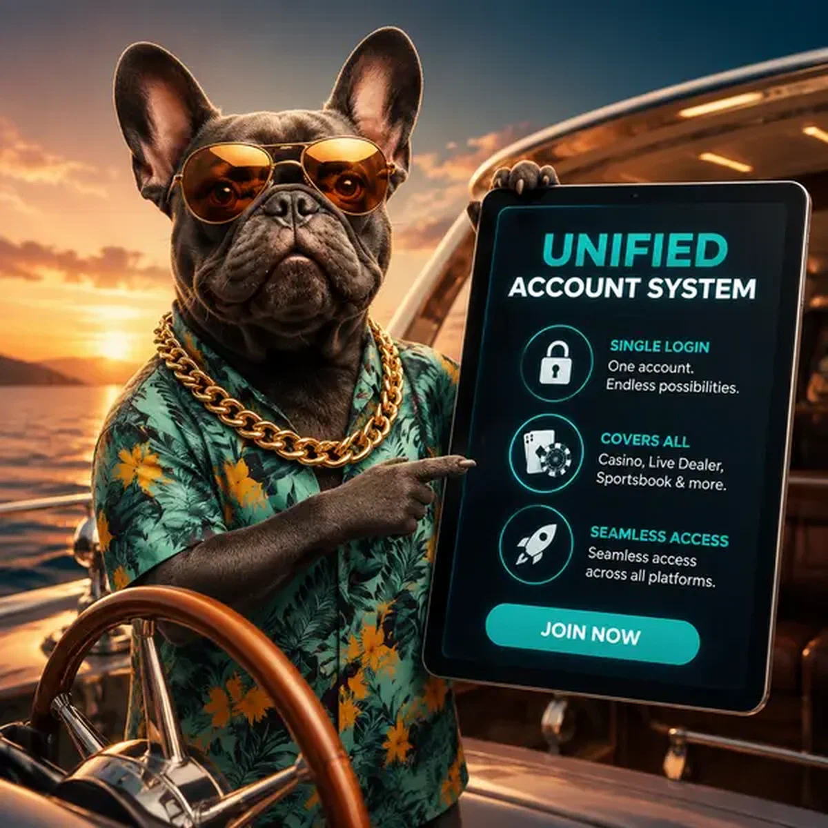 Franse bulldog jachtkapitein gebarend naar unified login-tablet aan het BaxterBet-roer