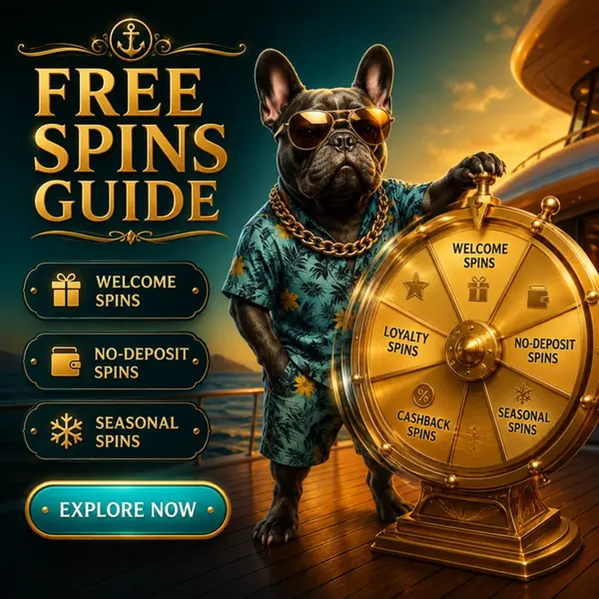 Jachtkapitein draait gouden wiel met free spins-types bij Free Spins Types and How They Work