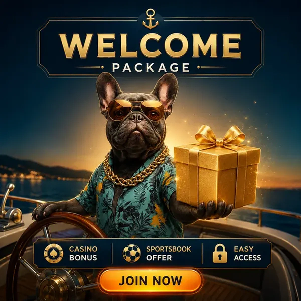 Franse bulldog jachtkapitein presenteert gouden geschenkdoos bij Welcome Package Structure registratieportaal