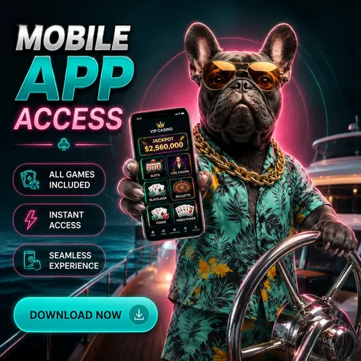 Franse bulldog jachtkapitein met smartphone waarop BaxterBet Casino-app wordt weergegeven tijdens het gouden uur