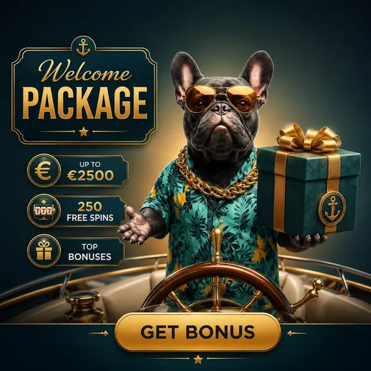 BaxterBet welkomstbonuspakket gepresenteerd door jachtkapitein met geschenkdoos