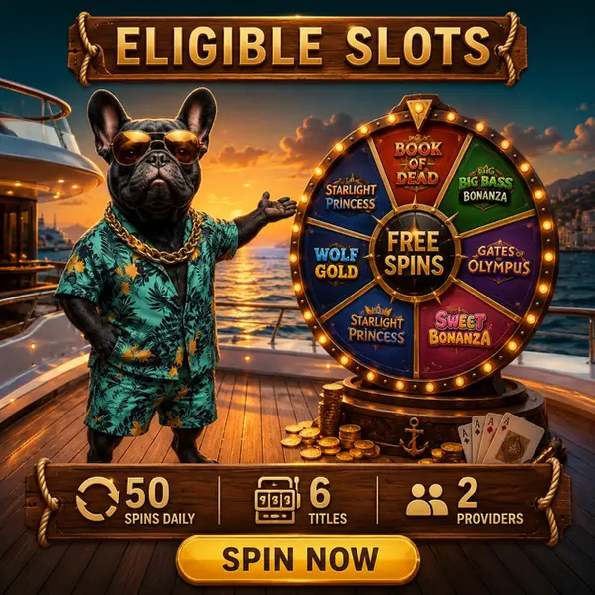Franse bulldog-kapitein gebaart naar prijswiel met free spins op jachtdek