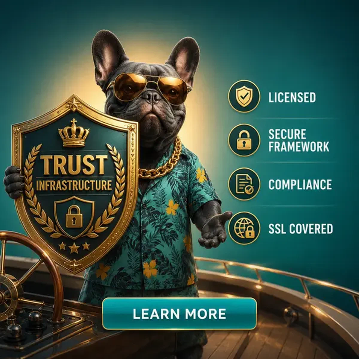 Franse bulldog kapitein presenteert vertrouwensschild bij gelicentieerd License and Trust Infrastructure registratieportaal