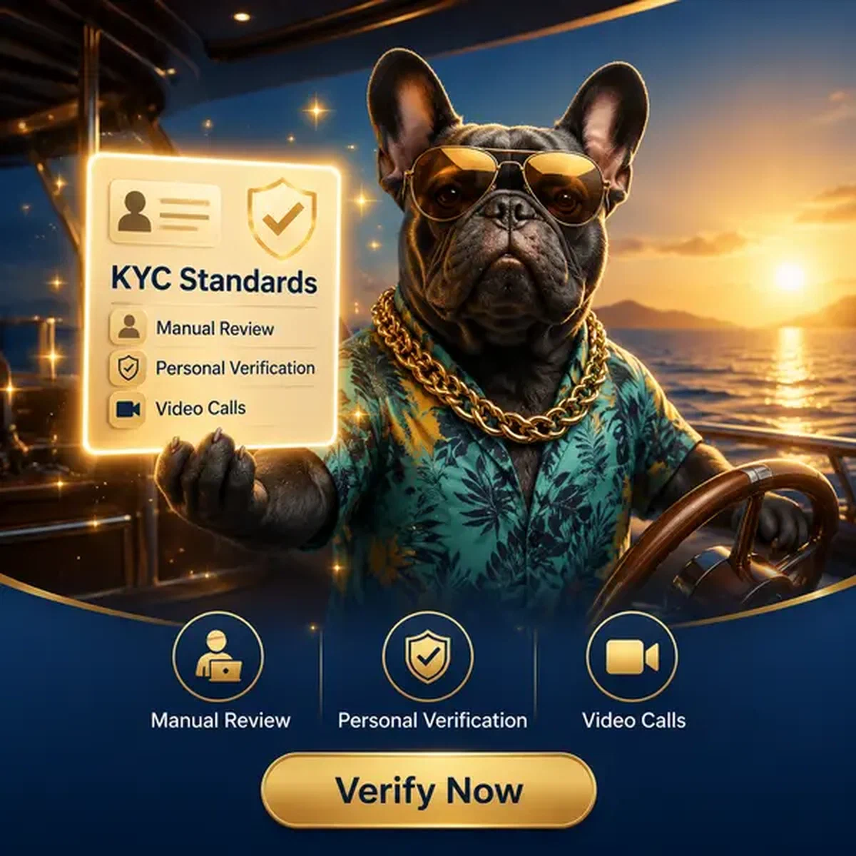 Franse bulldog kapitein houdt gloeiende ID-kaart vast voor BaxterBet KYC-verificatieproces