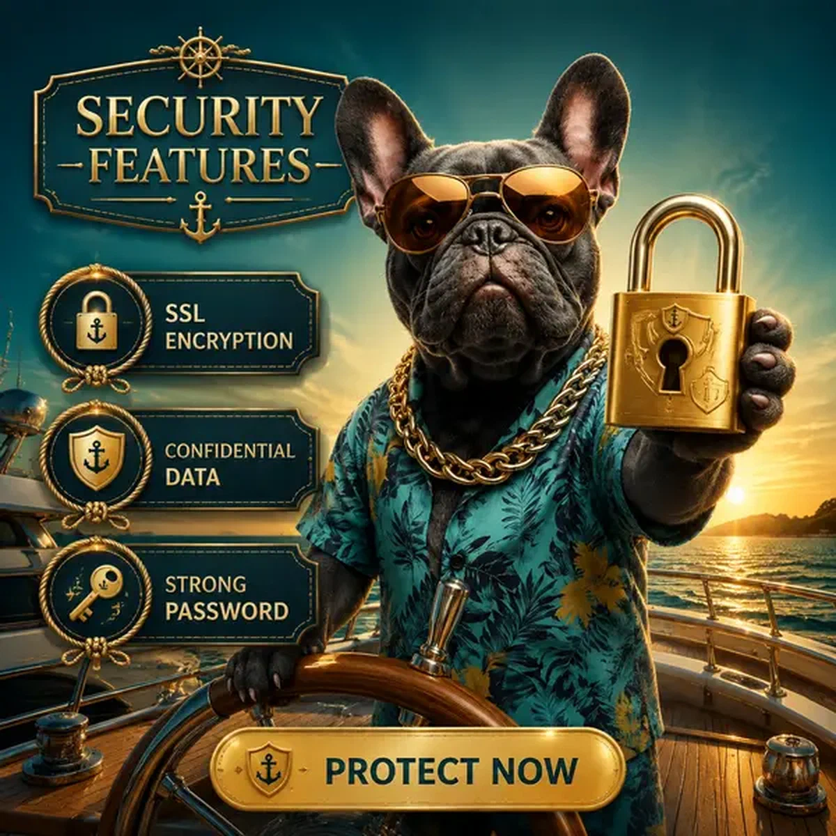 Franse bulldog jachtkapitein met gouden hangslot voor Security Features login-bescherming