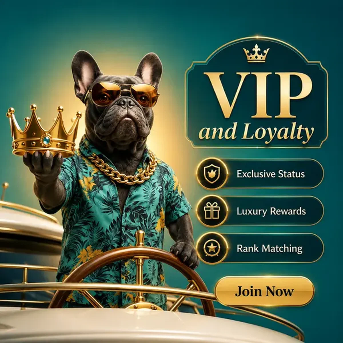 Franse bulldog jachtkapitein met gouden kroon bij BaxterBet VIP-loyaliteitsprogramma dek